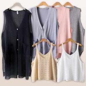 [강물처럼]봄여름 빅사이즈 니트 스카시 조끼 롱 베스트 브이넥