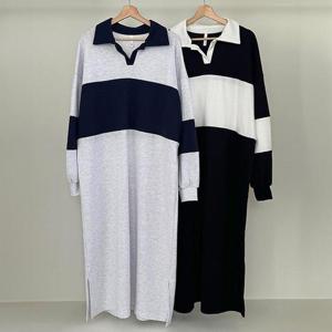 [강물처럼]빅사이즈사랑해요 Q735L403 엠마배색오픈카라원피스 G