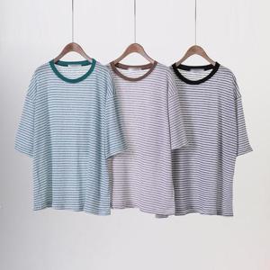 [강물처럼]빅사이즈사랑해요 O189L404 심플린넨줄지루즈반팔티 W