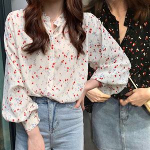 여성 퍼프 벌룬 소매 플라워 긴팔 블라우스