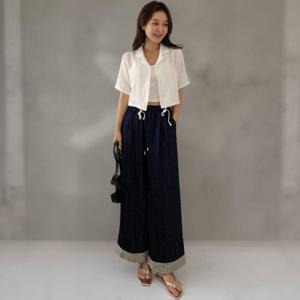 [다잇템]여성 넓은 진 고무줄 줄지밑단 팬츠