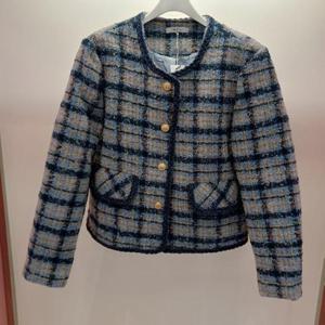 Destijl HC06 데님 배색 가을 겨울 체크 노카라 라운드 트위드쟈켓 D2541jk01LB