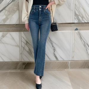 [다잇템][다잇템] 여자 진청 나팔 진 보온 투버튼 팬츠_19885405