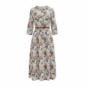 [비꼴리끄(여성)]린넨 프린트 라운드카라 칠부 원피스 B232WO3140