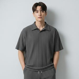 [리얼슬로우]플리츠 오버핏 오픈 카라 티셔츠 RSTS3033