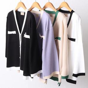 [강물처럼]빅사이즈배색가디건 D530L508 브이넥진주칠부가디건 R