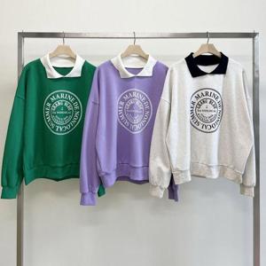 [강물처럼]빅사이즈배색카라티 V110L508 그랑블루레이어드티셔츠