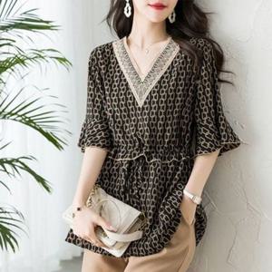 고급스런 롱 블라우스 V넥레이스 패턴 반팔 S6002