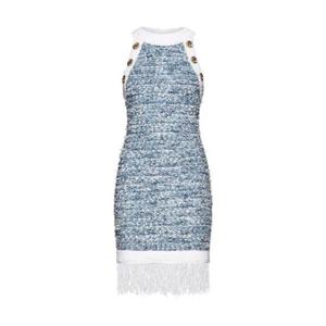 Balmain 프린지 데님 트위드 드레스 CF1R3131KF88 SLJ TP944303448