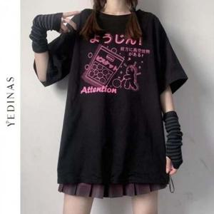 스타일 T Yedinas 일본 블랙 여성상의 고딕 셔츠 상의