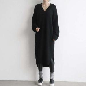 여자 V넥 니트 롱원피스 레이어드 겨울 옆트임 루즈핏