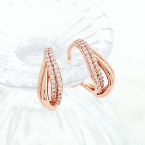 14K 금침 로즈골드 큐빅 웨이브 링 원터치 귀걸이