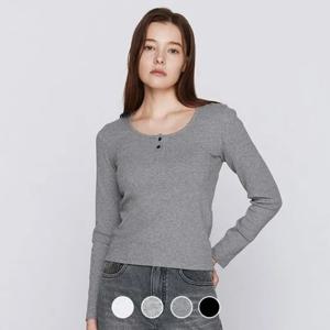 [지오다노]여자 긴팔티 헨리넥 슬림핏 골지 스판 무지 티셔츠 326505