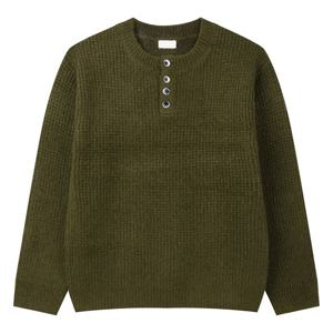 남자 와플 헨리넥 버튼 라운드 긴팔 니트티 GN-KN-Q004-올리브