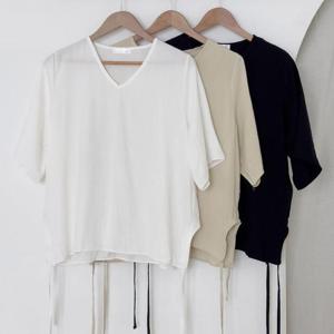 [강물처럼]빅사이즈브이넥블라우스 V118L508 리본스트링반팔블라