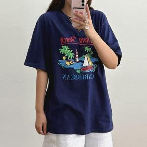 [강물처럼]아이우먼 야자수해변박시티셔츠 GBU881M507 빅사이즈