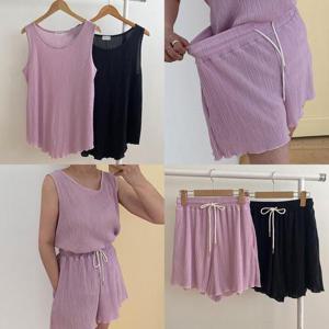 [강물처럼]빅사이즈투피스 V206L509 잔주름민소매숏팬츠세트 MO