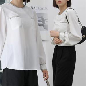 [강물처럼]위쉬몰 WB 배색라인R넥블라우스(G107H210) 빅사이즈 (