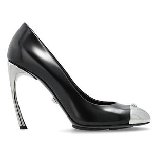 26 SS 베르사체 블랙 라운드토 레더 러버 하이힐 펌프스 1B00P 10216131A14835