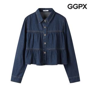 [지지피엑스]크롭 인디고 데님 셔링 블라우스 GP3SH034F
