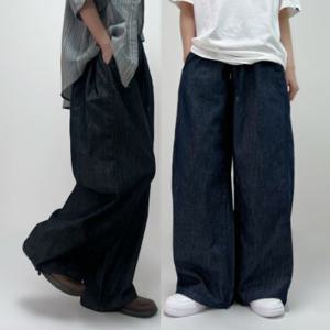 [리뷰극찬/이염없는]UNISEX 바텍 논페이드 2-way 벌룬핏 밴딩 와이드 생지 데님 남여공용 오버핏 청바지 통넓은 바지 진청 흑청 빅사이즈까지 숏 기본 롱 봄 여름 가을