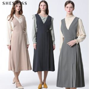 [리스트][리스트] 벨티드 브이넥 플레어 원피스