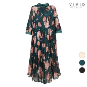 [비비드 시크릿가너]여성 플라워 플리츠 쉬폰 플래어 원피스