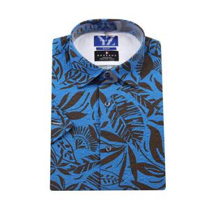 [예작(셔츠)]반소매 일반핏 시어써커 밑일자 스냅버튼 프린트 YJEMBA652-BL