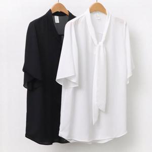 [강물처럼]빅사이즈사랑해요 9561L306 날개쉬폰타이블라우스 CR