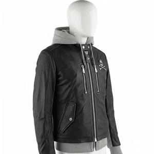 필립플레인 비버 스컬 남성 이중 레더 후드 가죽 자켓 블랙 HM221296