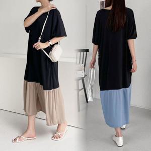 빅사이즈 큰옷 배색라운드넥롱원피스(L067H) 루즈핏