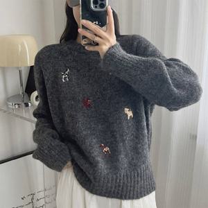 옷자락 / 여자 러블리 강아지 자수 나그랑 라운드 가을 울 니트