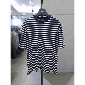 바쏘옴므 세이브존03 바쏘옴므 남성 네이비 단가라 반팔 라운드 티셔츠 WSAQA2KR43A