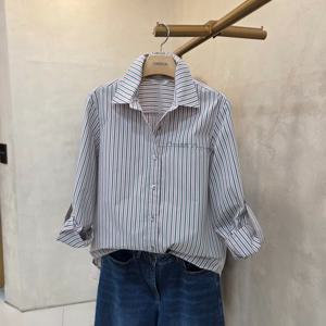 [크레송].폴리  혼방 스트라이프  남방식 블라우스  OBCPBP03DG