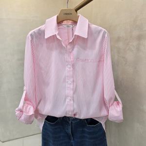 [크레송]소매롤업  스트라이프  남방식  블라우스  OBCFBP01DG