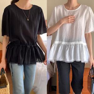 [강물처럼]빅사이즈반팔블라우스 U721L506 메쉬레이스라인블라우