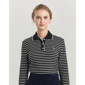 헤지스 여성 24FW 면 블랙 스트라이프 니트라이크 폴로 긴소매 티셔츠 HSTS4D905BK