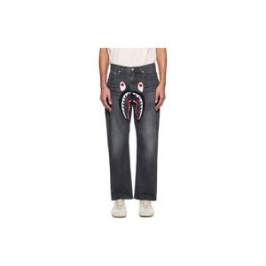 BAPE 청바지 블랙 샤크 루즈 핏 13oz 데님 진 252546M186002