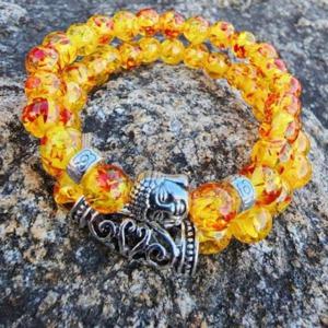 풍수 부처님 불교 공작석 팔찌 호박색 커플 세트