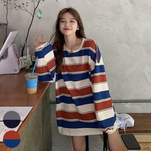 [강물처럼]빅사이즈박스티 R221L409 이중스트라이프오버핏티 DK