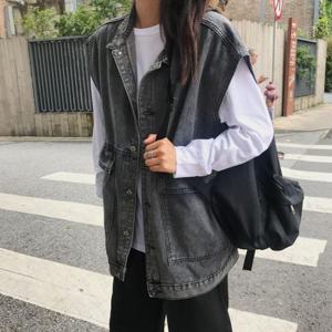 청조끼 여성 블랙데님 루즈 오버핏 베스트 블랙진 조끼