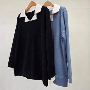 [강물처럼]빅사이즈카라티 T870L502 와플배색오픈카라긴팔티 OL