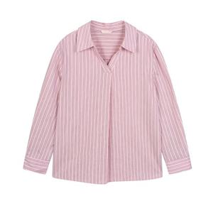 플라스틱아일랜드  스트라이프 오픈카라 턱 블라우스 (PR2WB362)