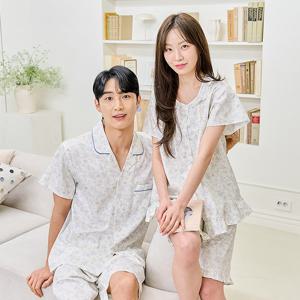 바풀 CA5S13116 커플잠옷 순면 파자마 남성 여성 여름 반팔 잠옷 세트 블루