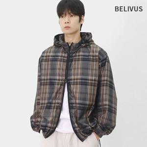 빌리버스 남성 유니크 오버핏 나일론 체크 패턴 윈드브레이커 후드집업 스트링 바람막이 BLC007