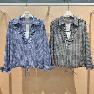 라티움 HC34 봄 구김덜한체크패턴프릴배색브이넥루즈핏셔츠남방 T2613se07