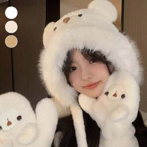 뽀송 곰돌이 털모자 귀여운 겨울 모자 장갑 세트 귀달이모자