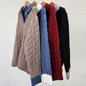 [강물처럼]빅사이즈도톰니트 T609L501 꽈배기배색오픈카라티 EB