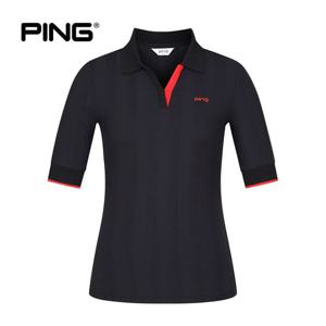 [PING] 여성 배색 로고 시보리 카라 반팔 티셔츠