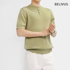 빌리버스 남성 여름 골지 헨리넥 반팔니트 BRE053